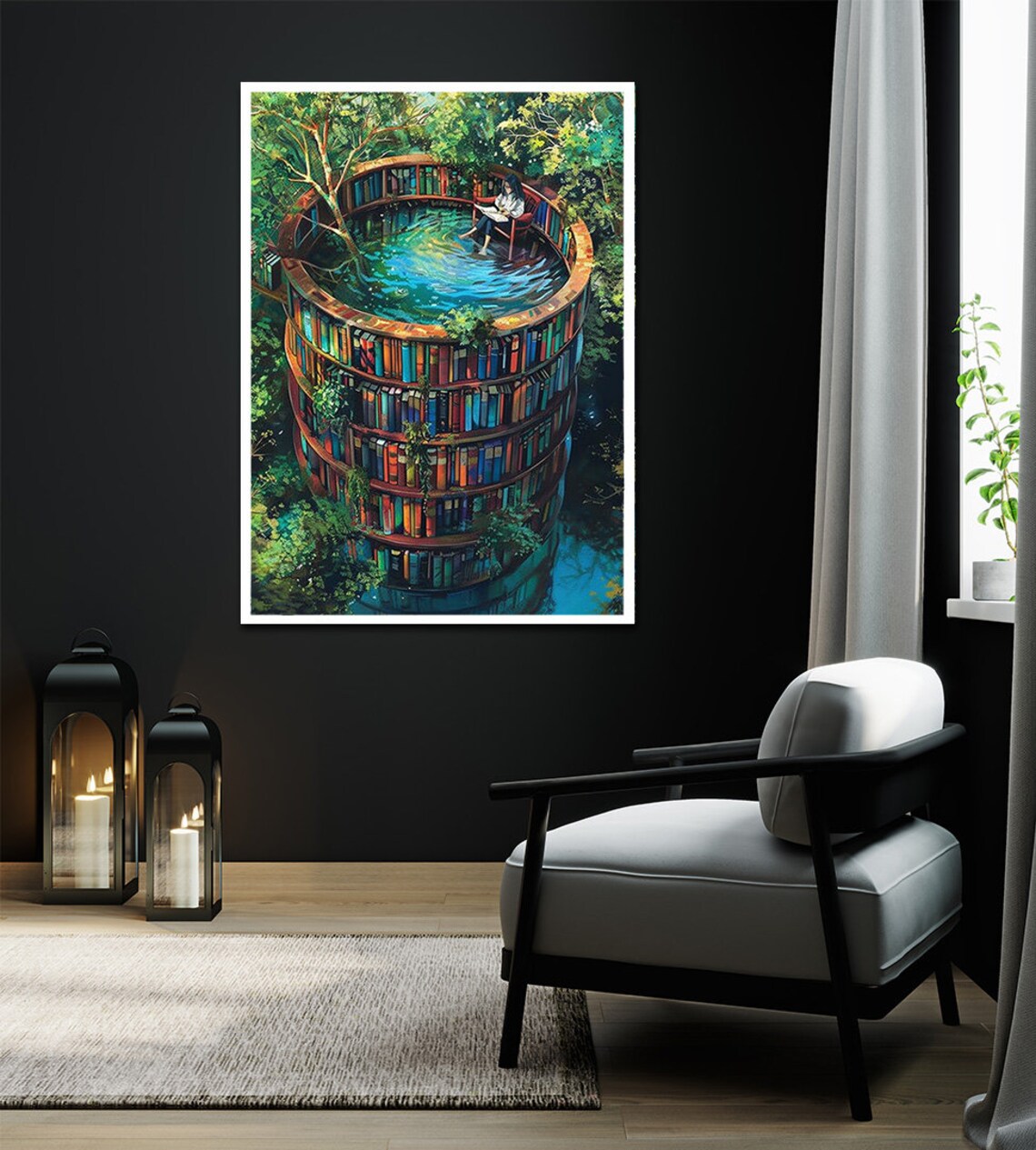 Surreal Library Art Print, Home Library Decor - Image 2
