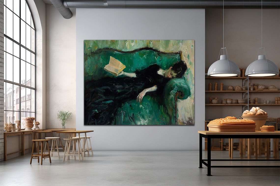 Reclining Woman Reading Green Sofa Classic Oil Painting Poster - Image 3