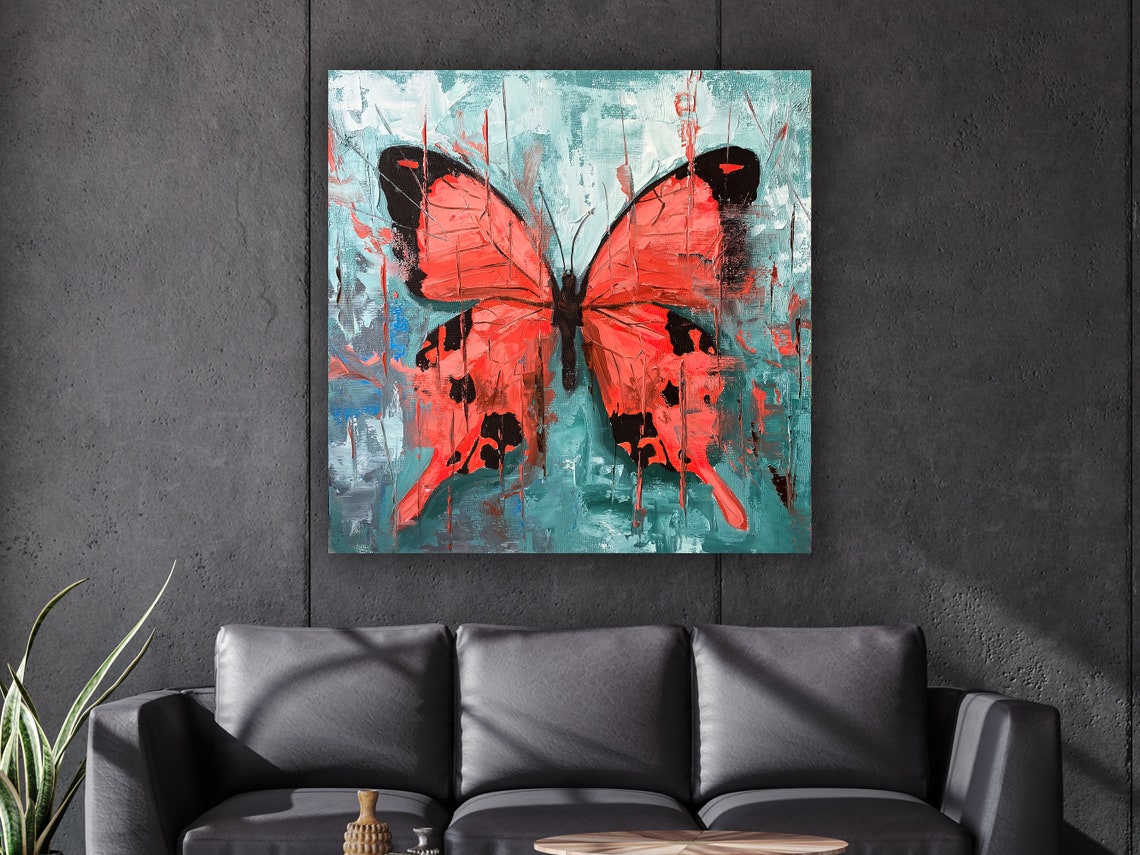 Red Butterfly Teal Abstract Background Modern Insect Art Poster - Image 3