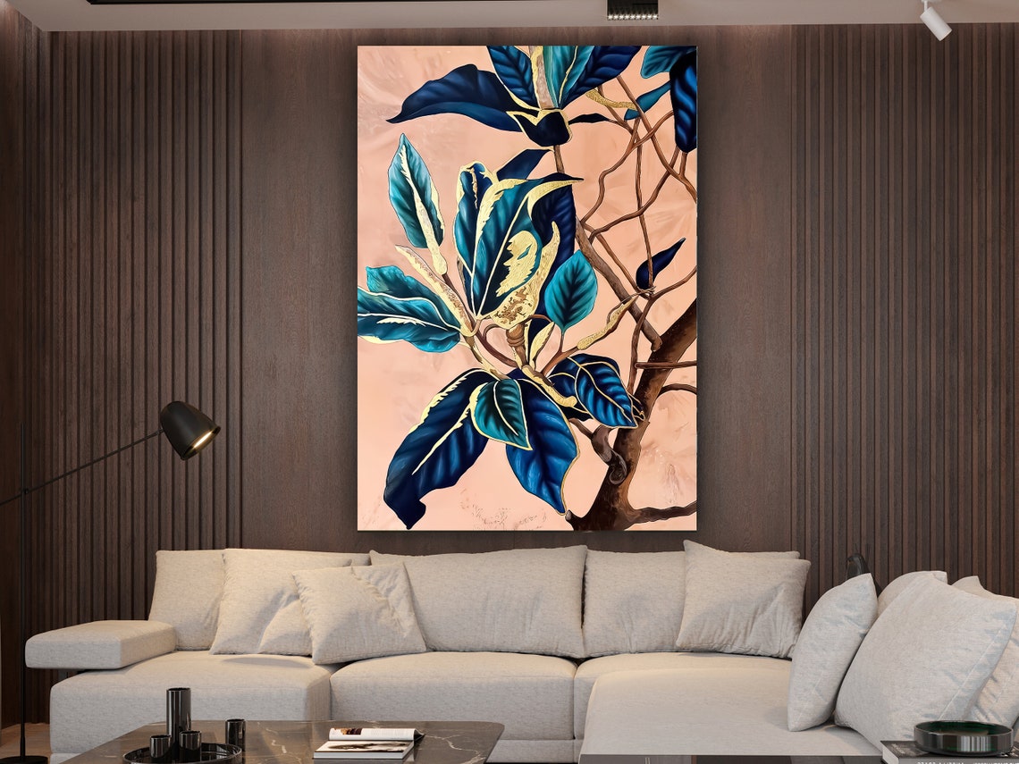 Teal Blue Leaves Gold Accents Blush Background Botanical Art Poster - Image 2
