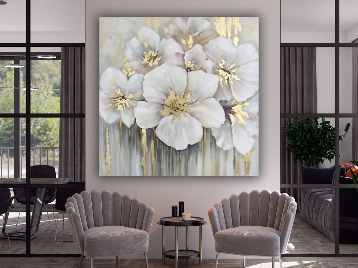 White Flowers Gold Accents Floral Oil Painting Modern Wall Art