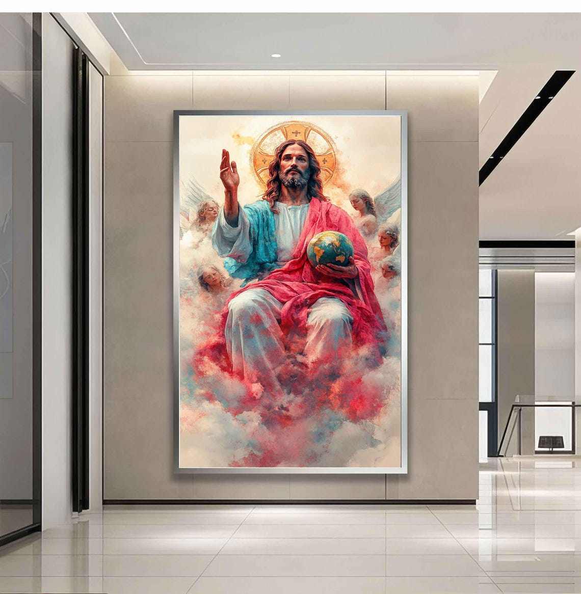 Jesus Christ Holding Earth Globe Among Angels In Clouds Art Print - Image 3