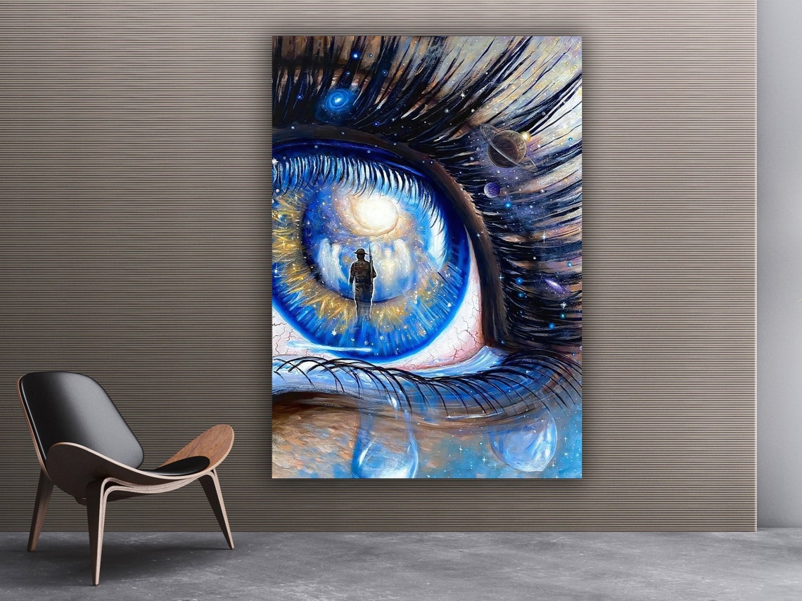 Cosmic Blue Eye Tiny Human Silhouette Planets Surreal Soulful Wall Art