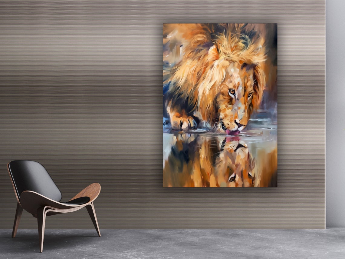 Lion Drinking Water Reflection Oil Painting Wildlife Art Poster - Image 3