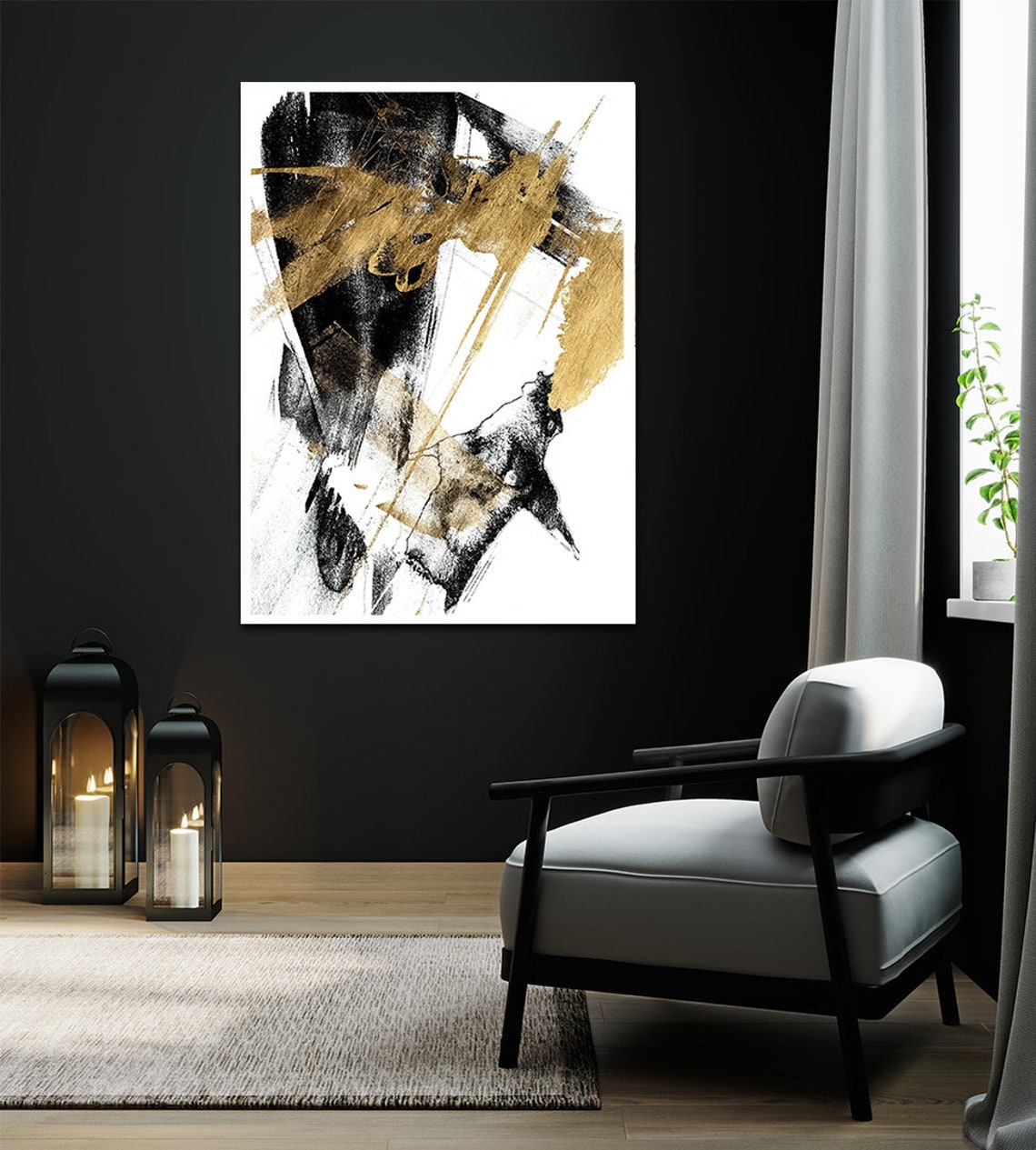 Black Gold Abstract Brushstroke Painting Modern Dynamic Wall Art Print - Image 2
