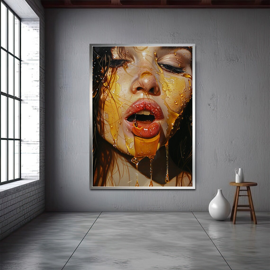 Sensual Woman Face with Dripping Honey Photorealistic Portrait Art Poster
