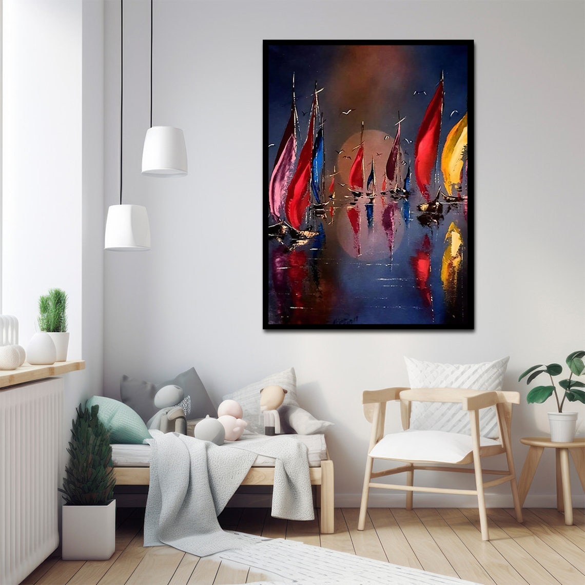 Colorful Sailboats Moonlight Regatta Painting Night Sea Reflection Art - Image 2