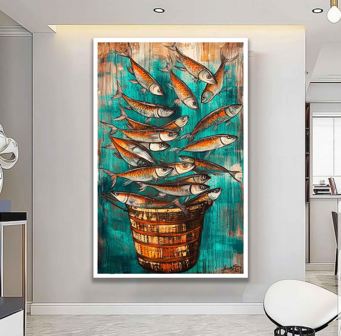 Sardines Jumping Into Wooden Bucket Rustic Teal Coastal Art Print - Image 2