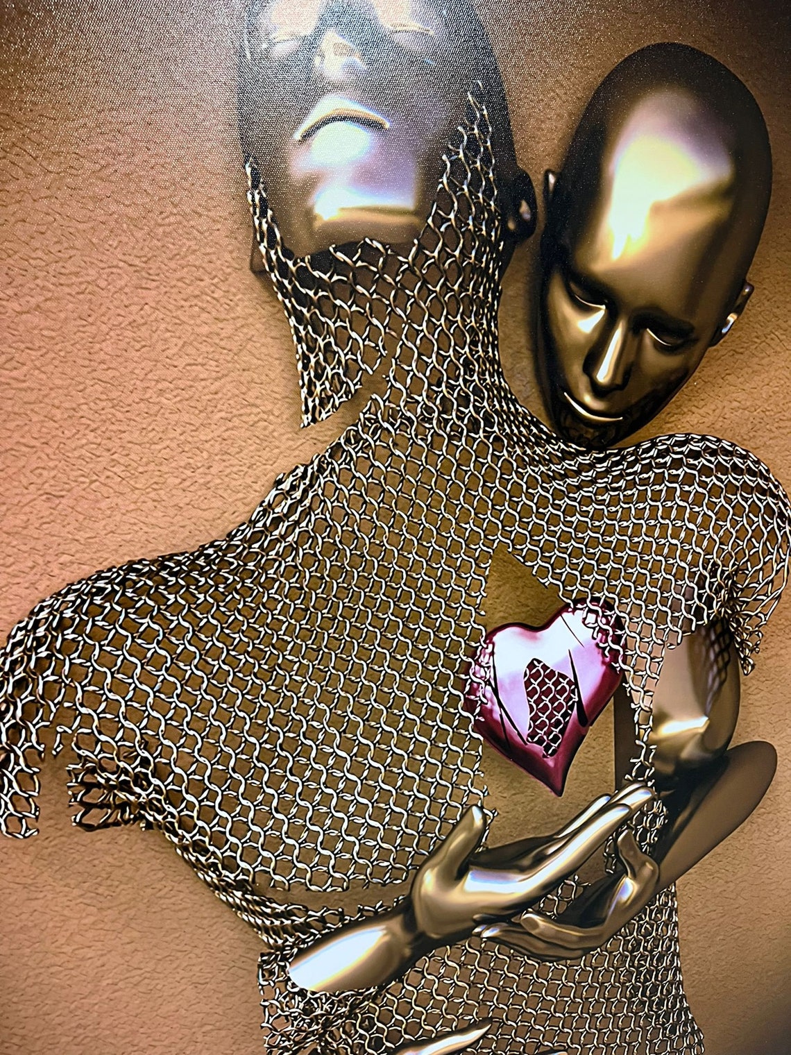 Bronze Love Couple Holding Glowing Red Heart 3D Modern Art Poster - Image 2