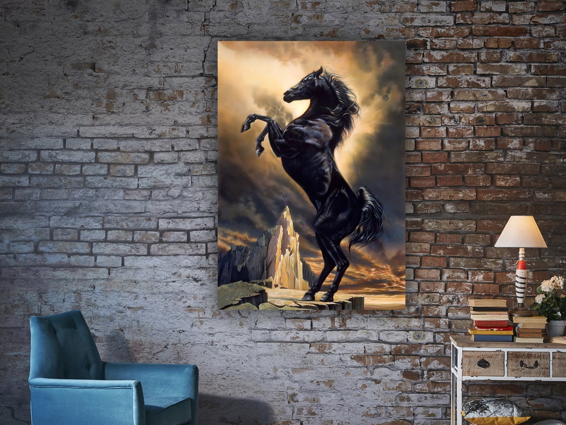 Black Stallion Rearing Stormy Sky Equestrian Power Art Poster - Image 2