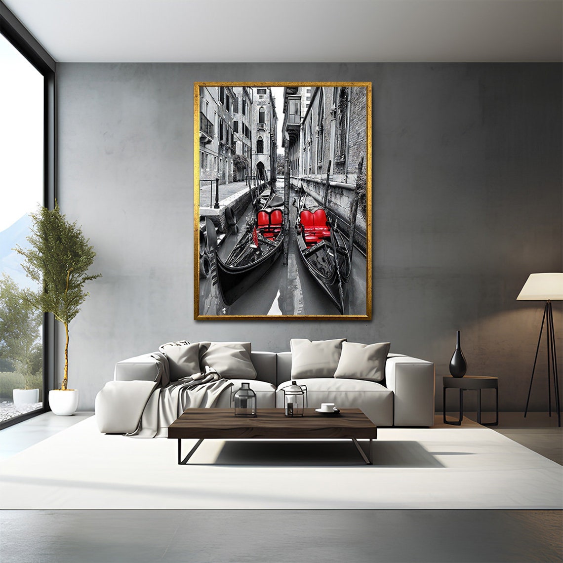 Venice Painting Printed Painting Italy Painting Venice Landscape Painting Venice Poster Boat Painting Black White Red Painting