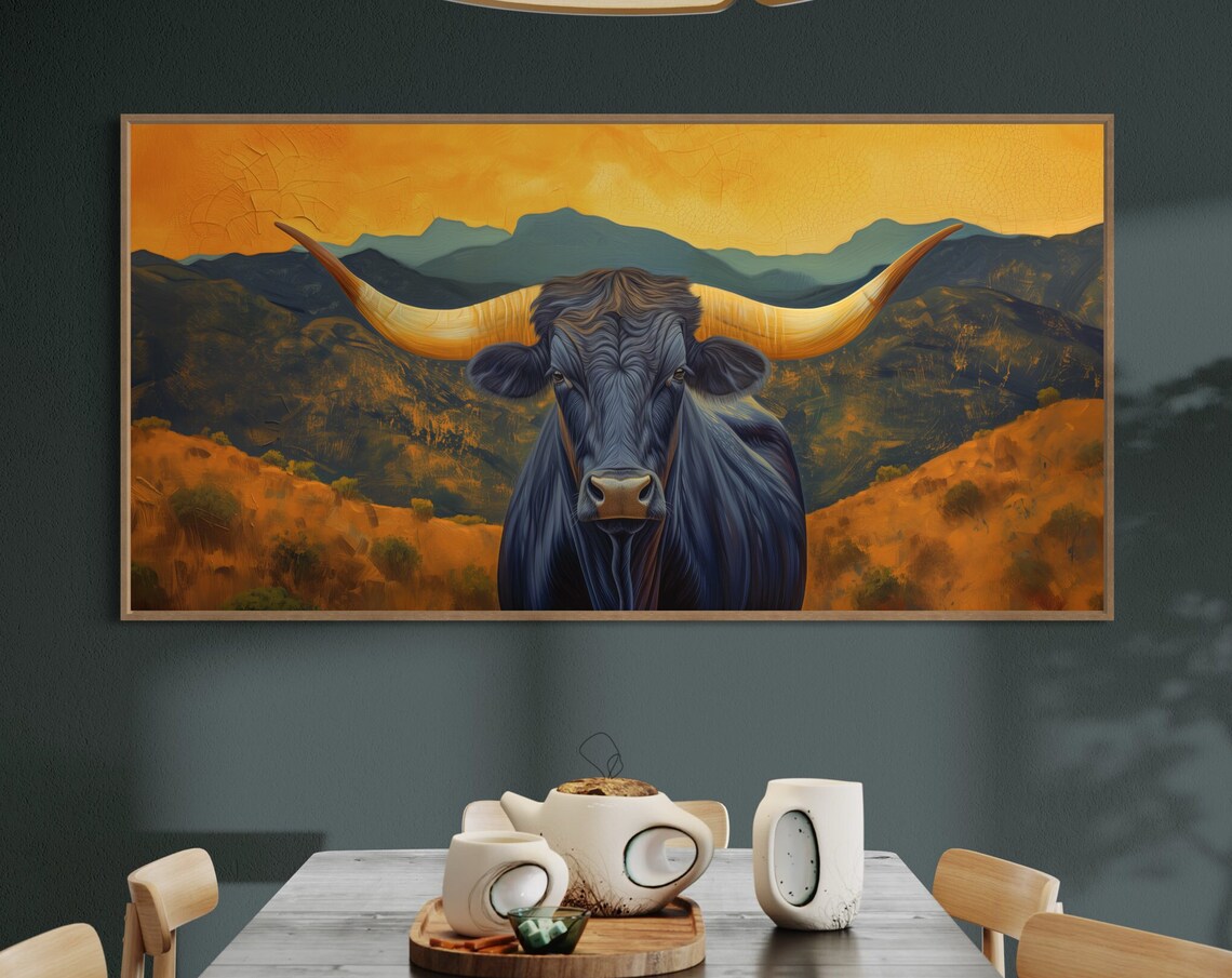 Texas Longhorn Cow Golden Sunset Mountain Southwest Ranch Art Poster