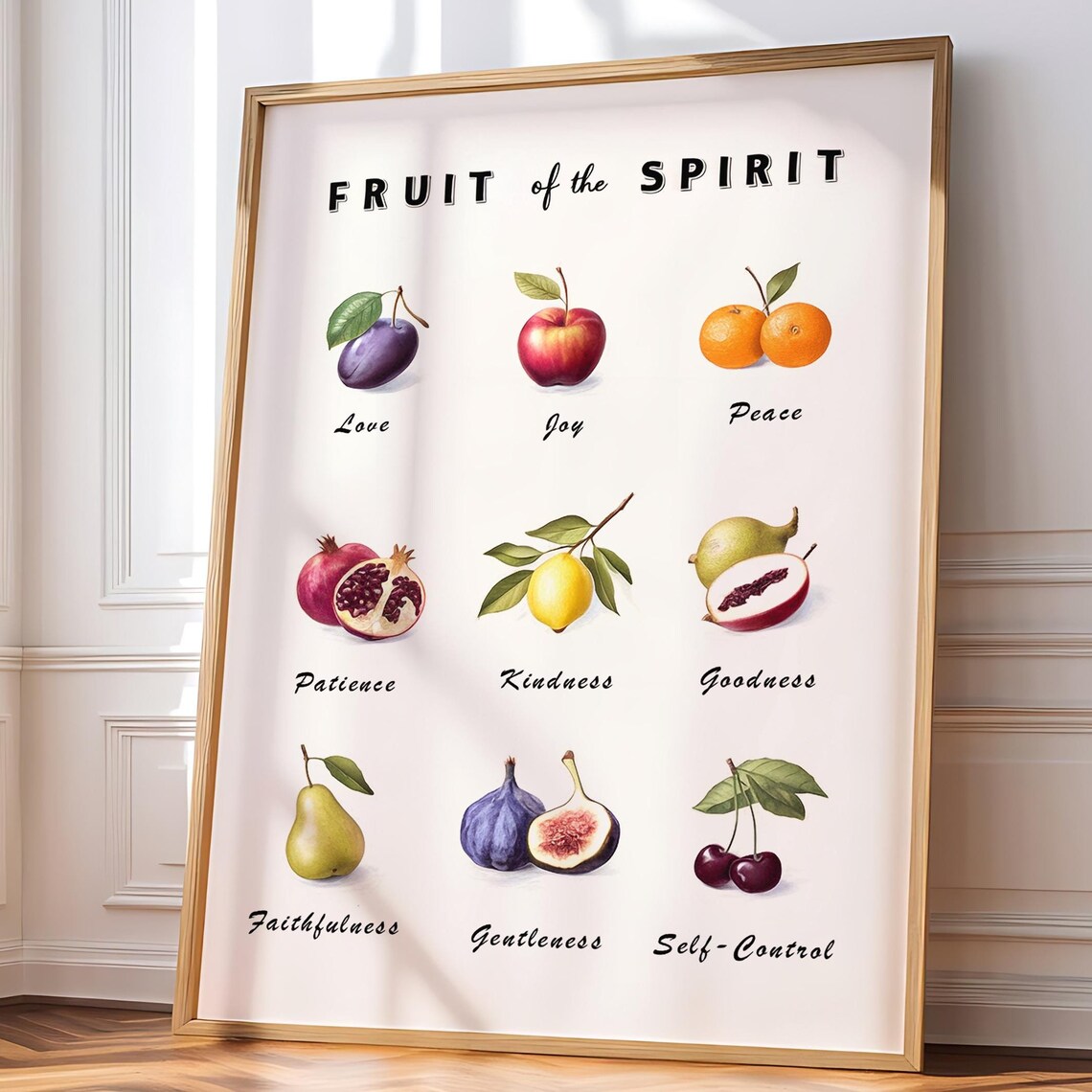 Fruit of the Spirit Nine Illustrated Fruits Virtue Chart Vintage Poster