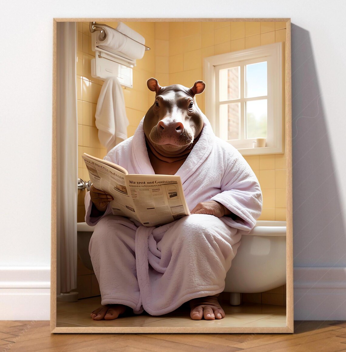 Hippo In Bathroom With Newspaper Funny Bahtroom Decor Housewarming Gift Trendy Print For Restroom