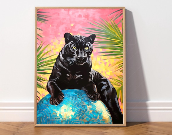 Black Panther On Teal Disco Ball Pink Tropical Party Poster Art