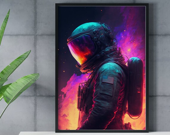 Astronaut Neon Portrait Poster Pink Purple Visor Fire Reflection Art
