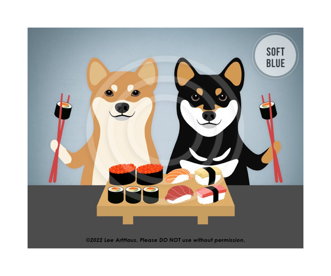 Two Shiba Inu Dogs Eating Sushi Chopsticks Japanese Food Pet Poster - Image 2