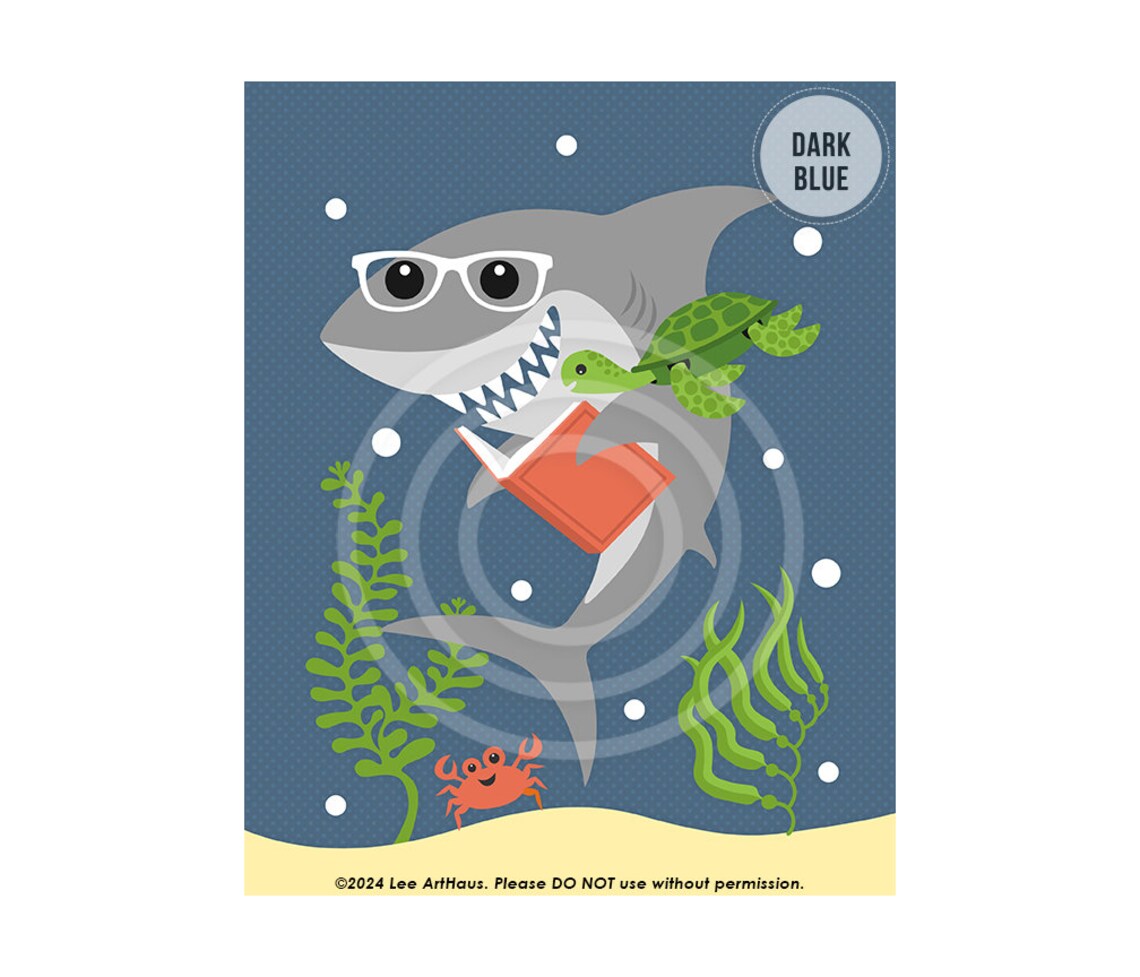 Cute Shark Reading Book With Glasses Green Undersea Scene Kids Library Poster - Image 6
