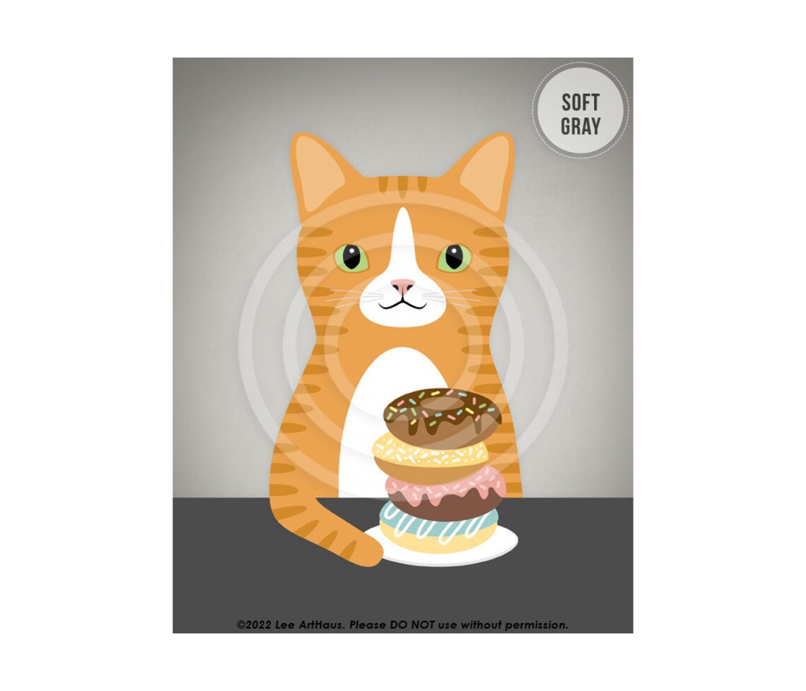 Orange Tabby Cat With Stack Of Colorful Donuts Funny Cat Wall Art Poster - Image 3