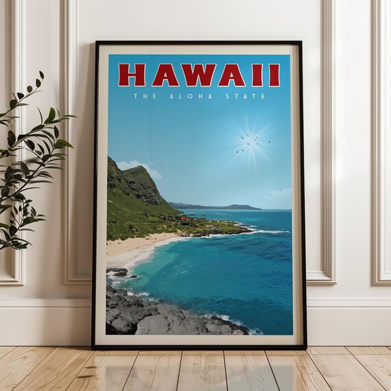 Hawaii Wall Art Travel Poster Retro Print Rustic Map Vintage Surf Decor Gift