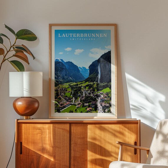 Lauterbrunnen Switzerland Travel Poster Swiss Alps Waterfall Village Art