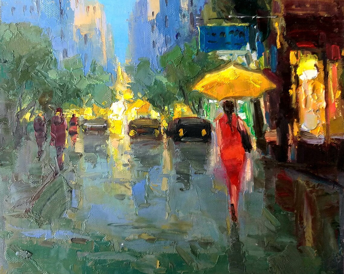 Rainy City Street Yellow Umbrella Red Dress Night Lights Poster