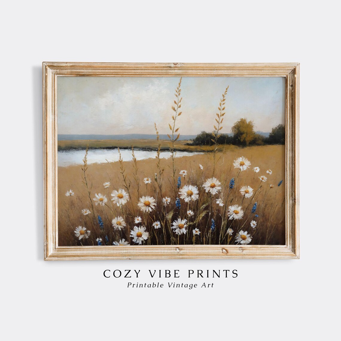 White Daisies Wildflower Meadow Lake Vintage Botanical Field Poster
