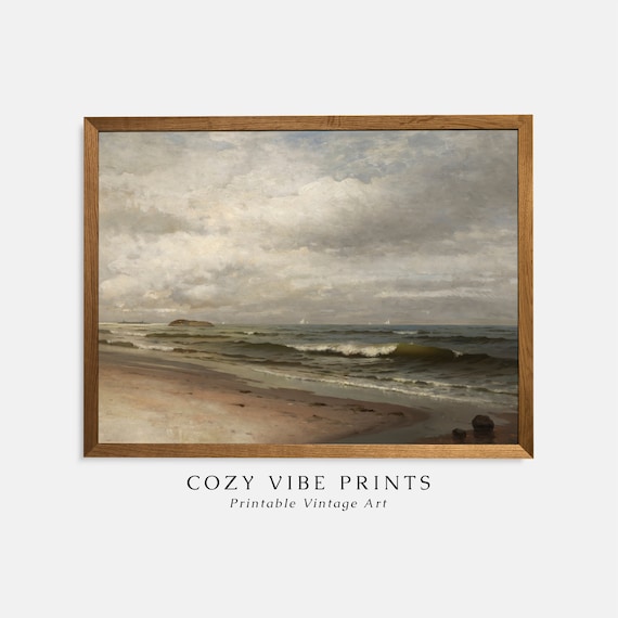 Ocean Waves Beach Vintage Seascape Cloudy Sky Antique Painting Poster