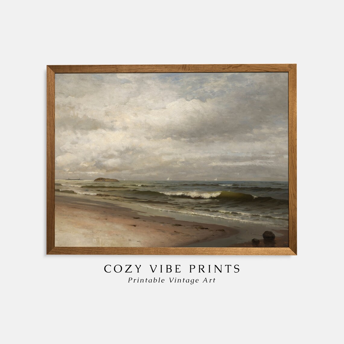 Ocean Waves Beach Vintage Seascape Cloudy Sky Antique Painting Poster