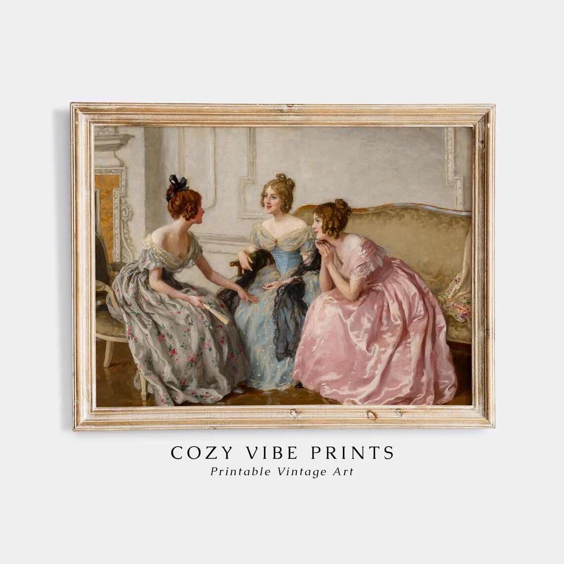Three Victorian Women in Gowns Antique Parlor Portrait Painting Poster - Image 2