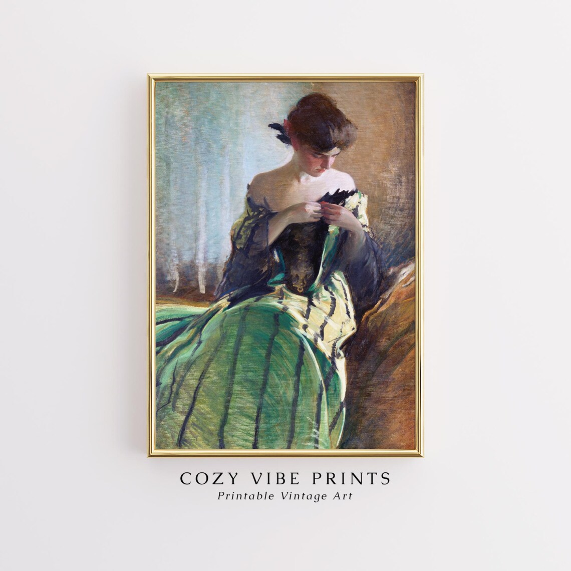 Woman in Green Dress Seated Vintage Portrait Impressionist Poster - Image 2