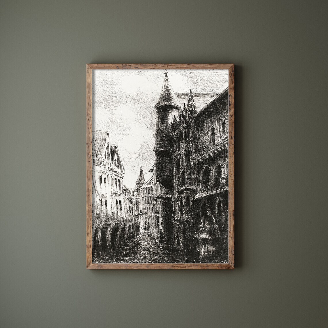Old European Town Street Sketch Charcoal Drawing Vintage Poster - Image 3