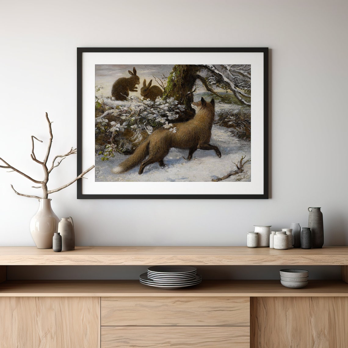 Fox and Rabbits in Snow Vintage Wildlife Winter Painting Wall Art - Image 3