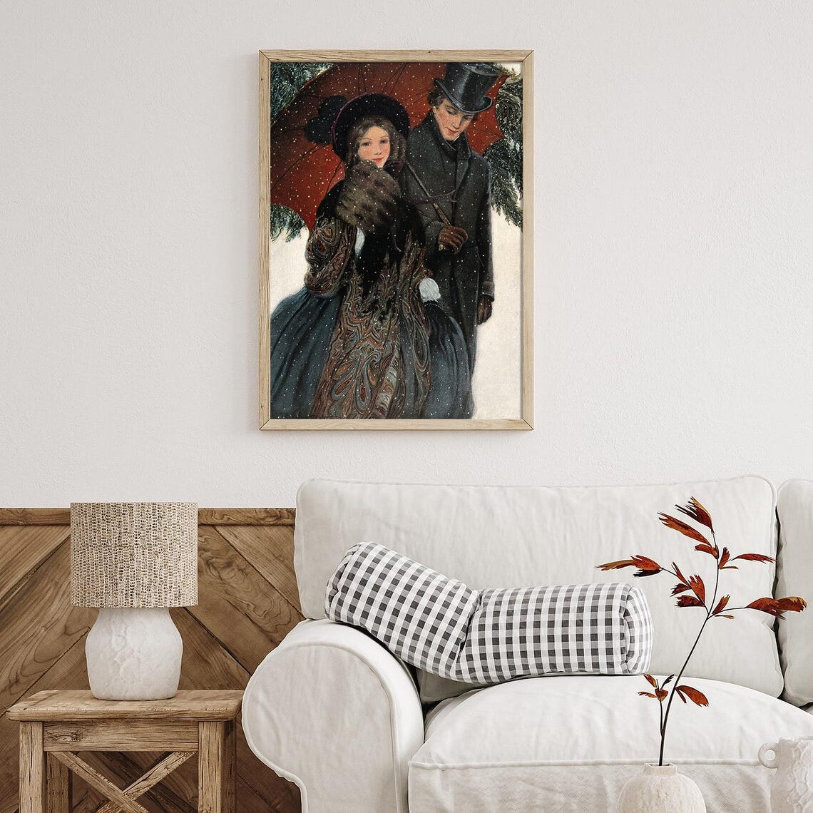 Victorian Couple in Snow Under Red Umbrella Christmas Romance Poster - Image 4