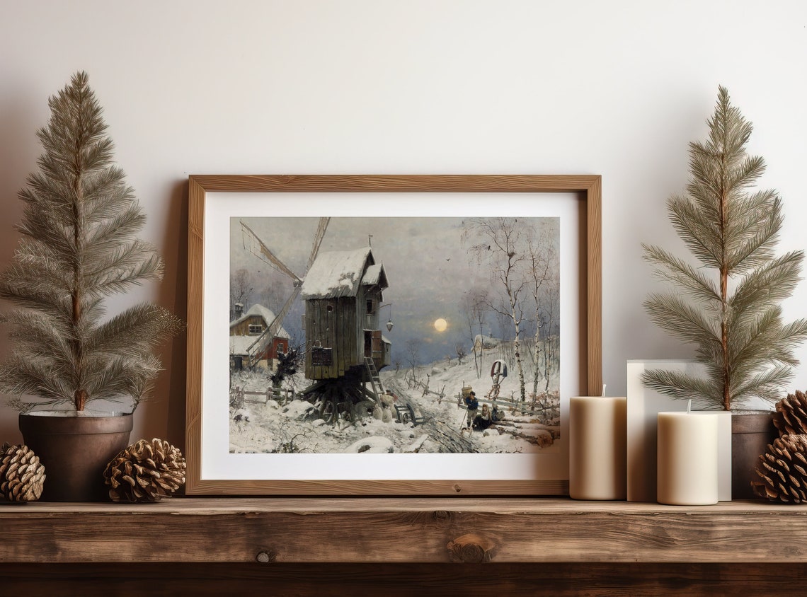Snow Covered Windmill at Moonrise Vintage Winter Village Scene Poster - Image 4
