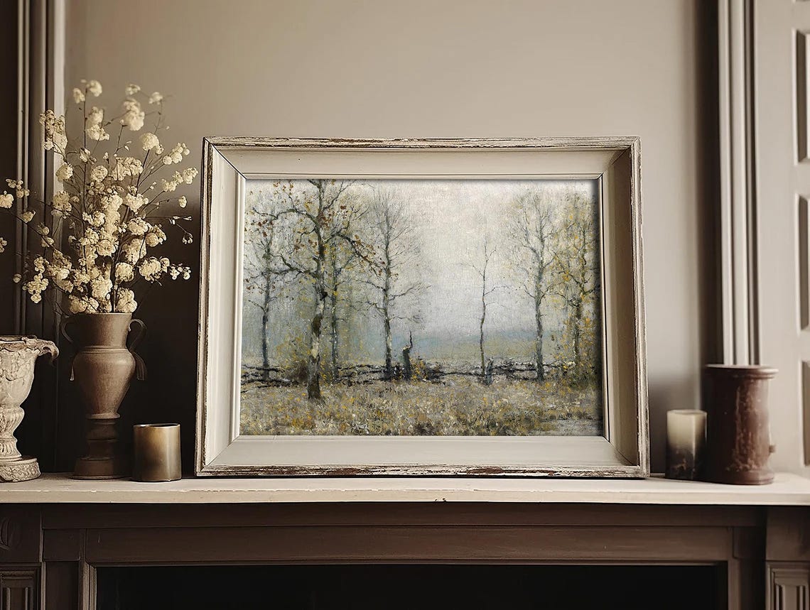 Rustic Autumn Birch Forest Oil Painting Muted Fall Landscape Poster - Image 2