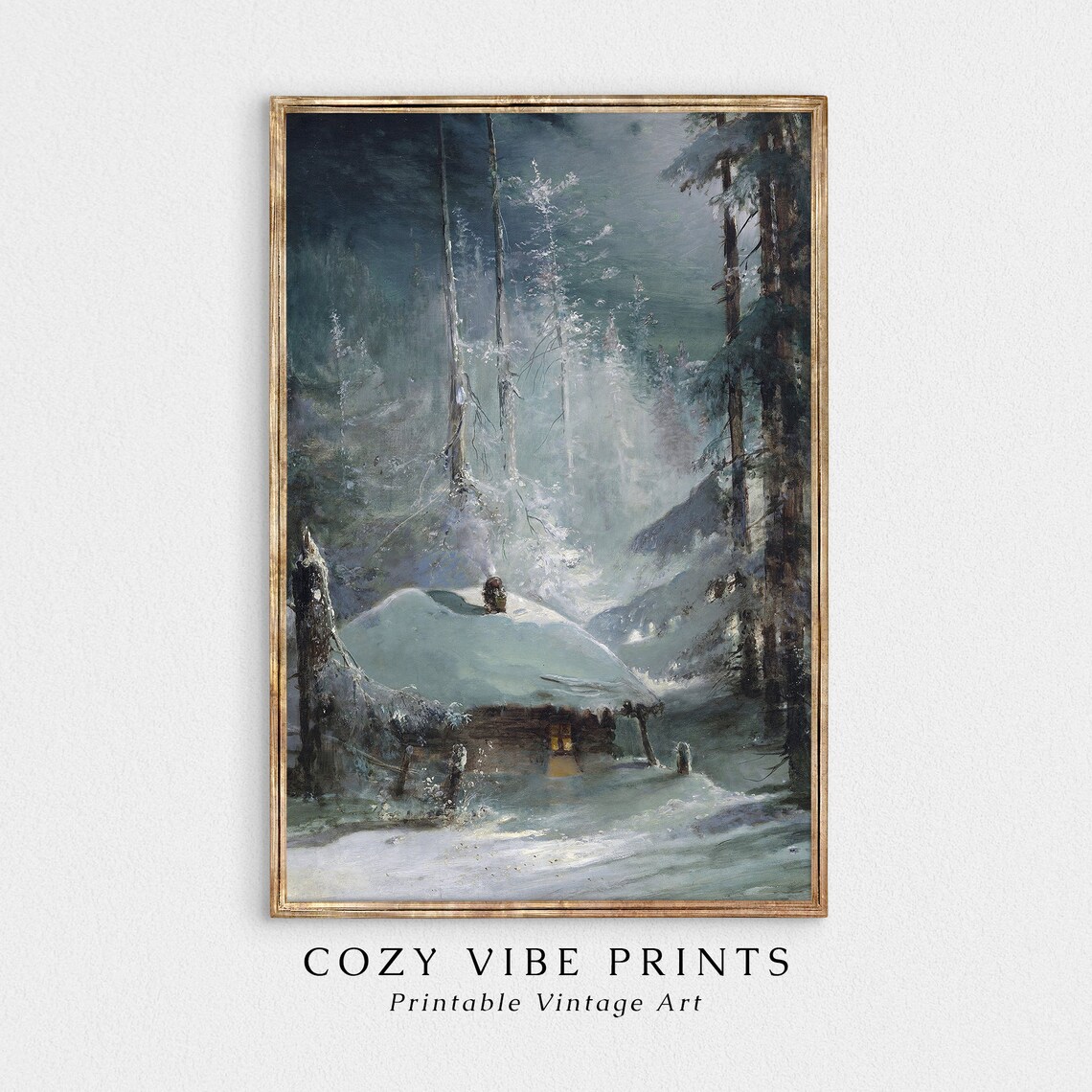 Vintage Moonlit Winter Cabin In Snowy Forest Glowing Window Poster