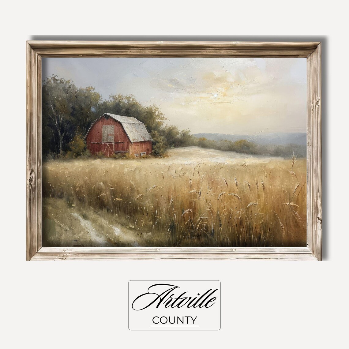 Red Barn Oil Painting Vintage Countryside Farm Wheat Field Wall Art