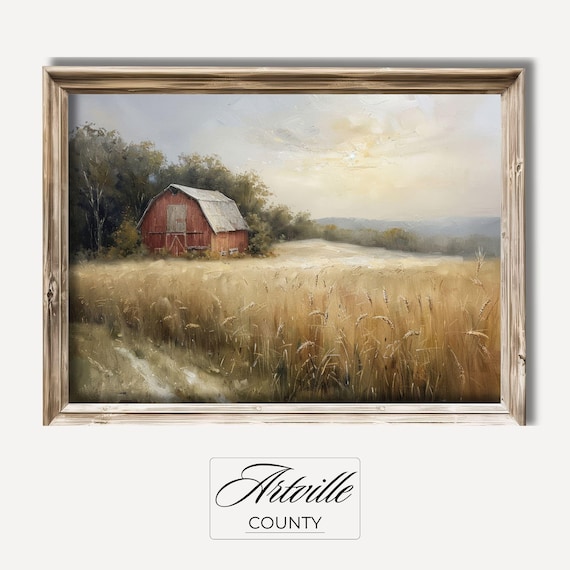 Red Barn Oil Painting Vintage Countryside Farm Wheat Field Wall Art