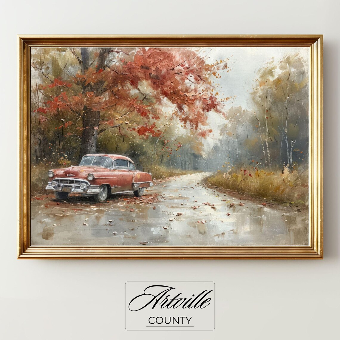 Vintage Fall Landscape Classic Car Poster, Rustic Decor