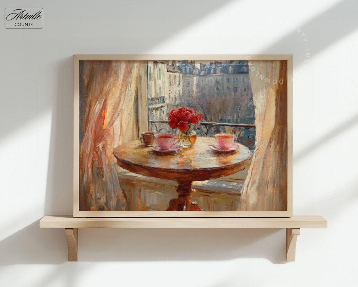 Coffee Roses Sunlit Window Vintage European Cafe Painting Poster - Image 3