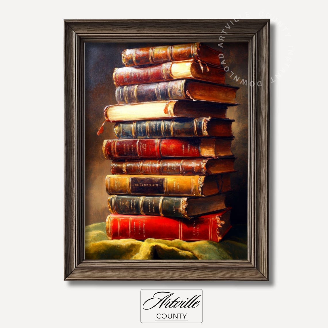 Stack Of Antique Leather Books Vintage Library Oil Painting Poster