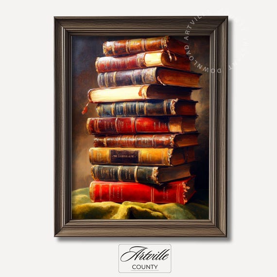 Antique Book Stack Painting Vintage Library Wall Art Old Books Print Classic Literary Decor Bookish Poster