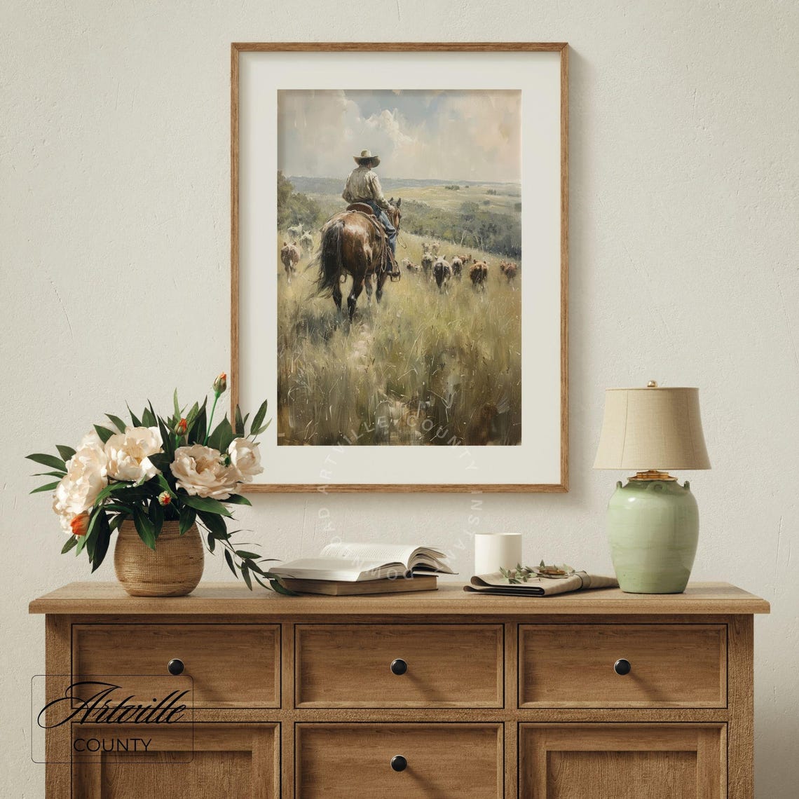Cowboy On Horseback Herding Cattle Across Prairie Western Poster - Image 2