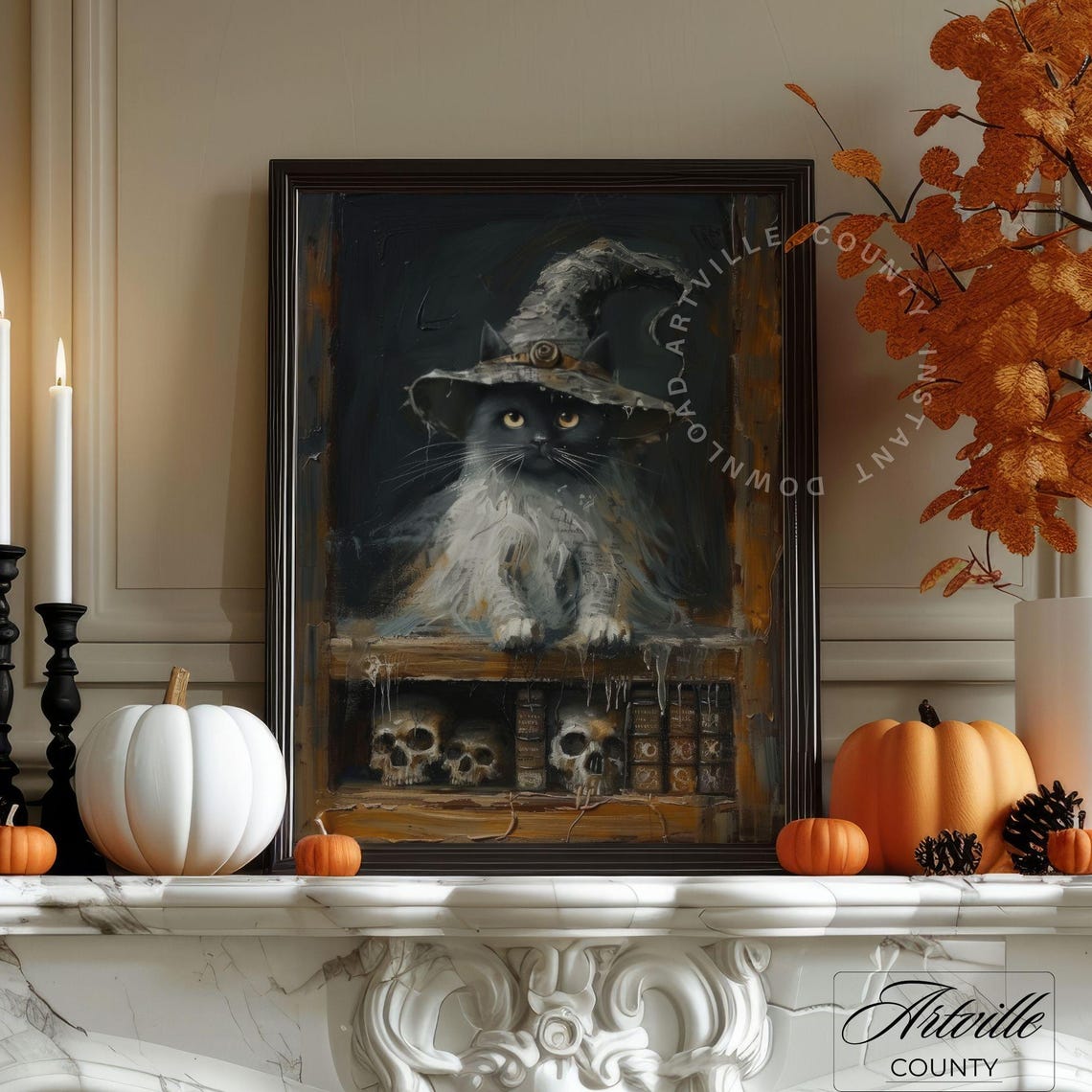 Black Cat in Witch Hat on Spell Bookshelf Skull Halloween Poster - Image 3