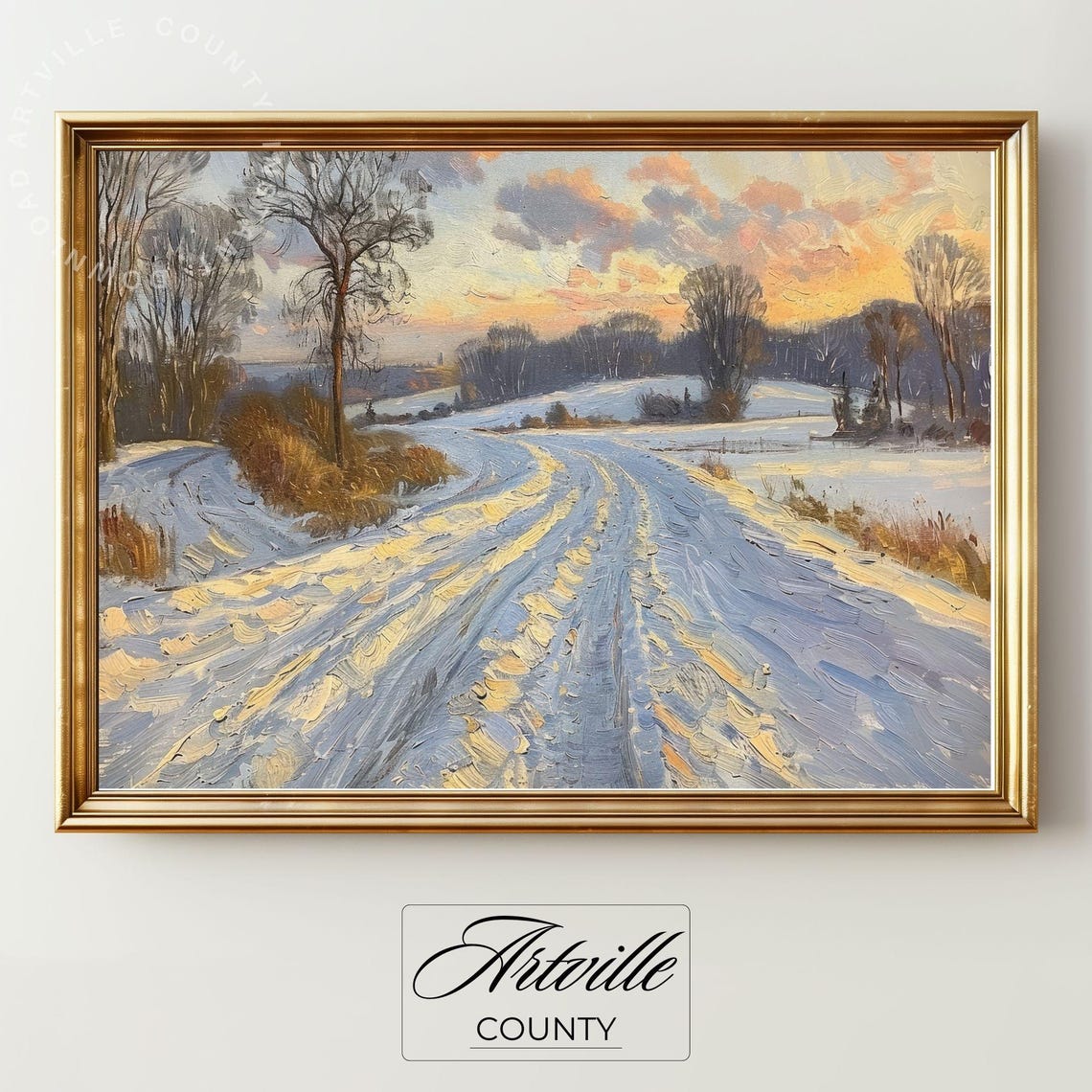 Snowy Country Road Winter Sunset Golden Light Landscape Poster - Image 2