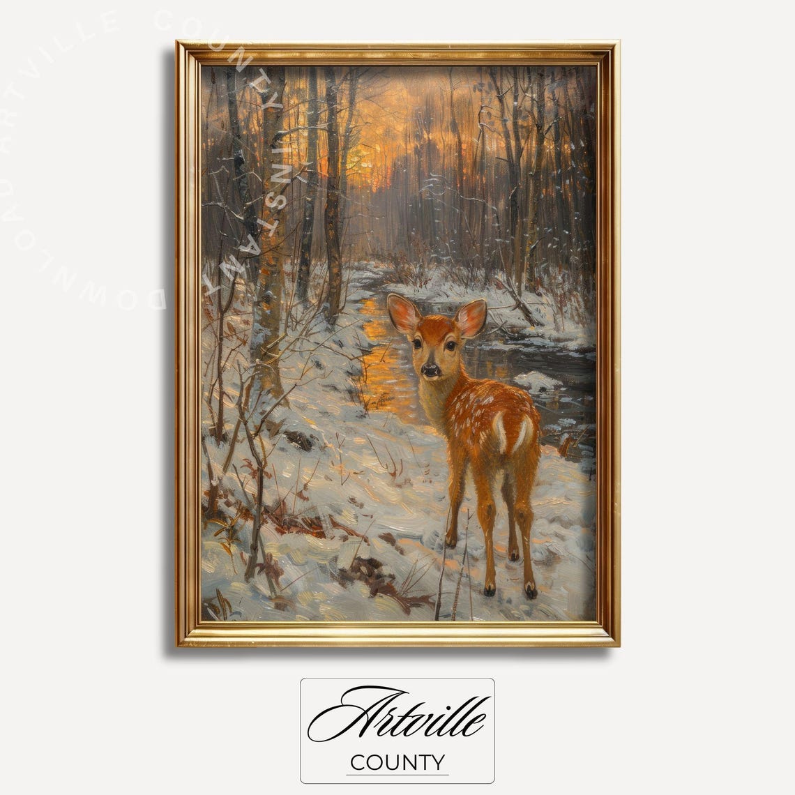 Deer Fawn Standing In Snowy Forest At Sunset Wildlife Wall Poster