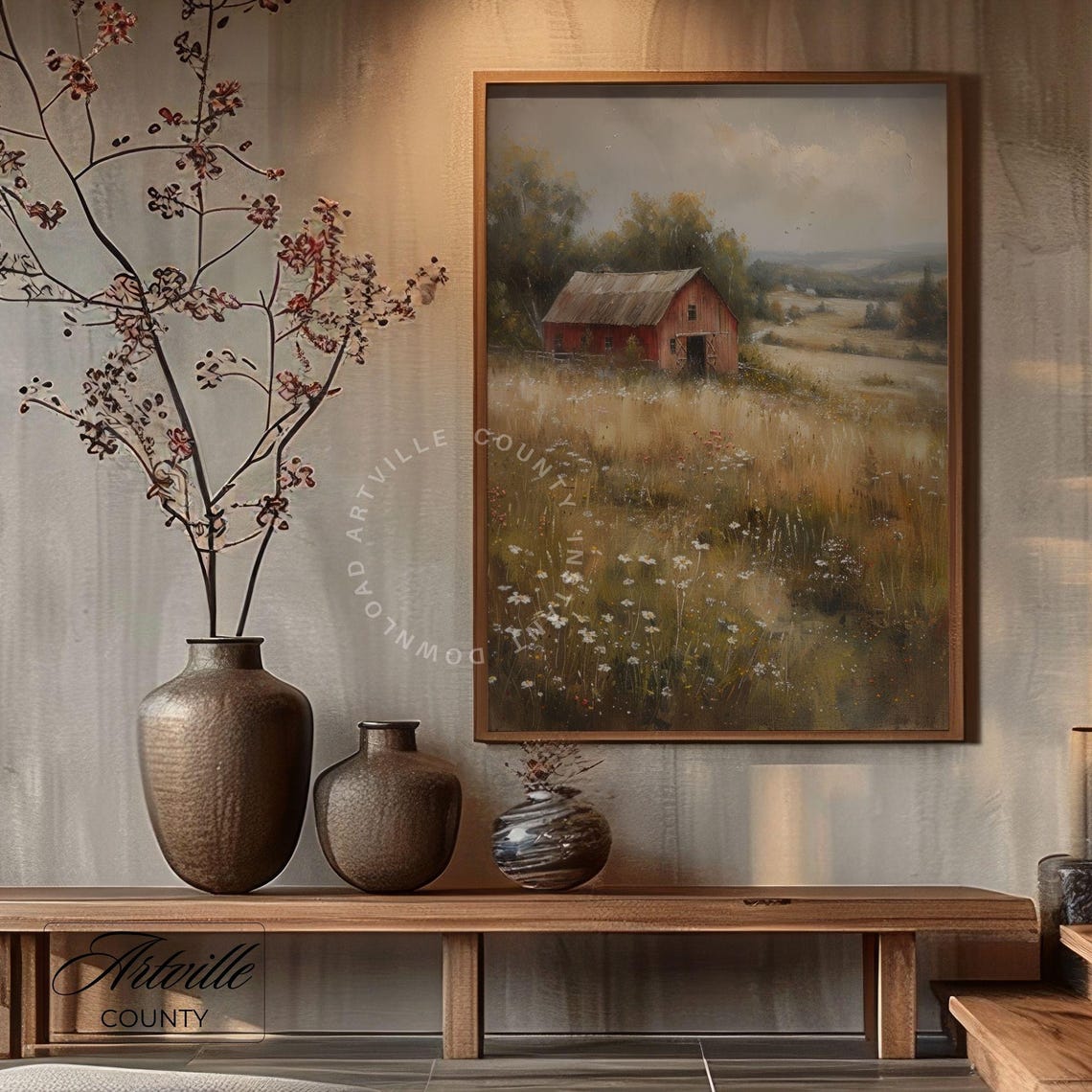 Vintage Barn Oil Painting Cottagecore Art Farmhouse Wall Art Countryside Oil Painting Autumn Field Art Landscape Painting - Image 3