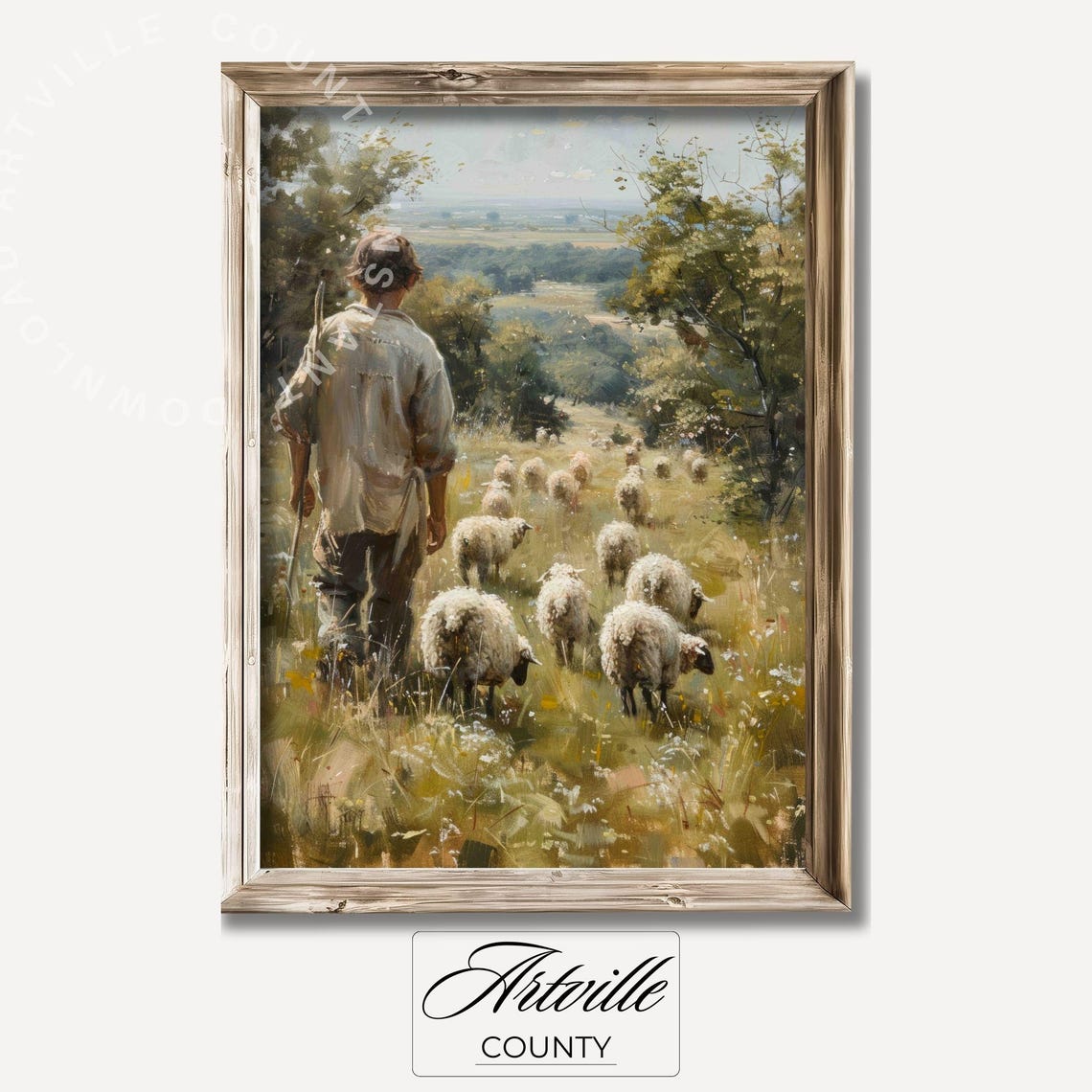 Shepherd Sheep Flock Hillside Vintage Pastoral Farmhouse Poster