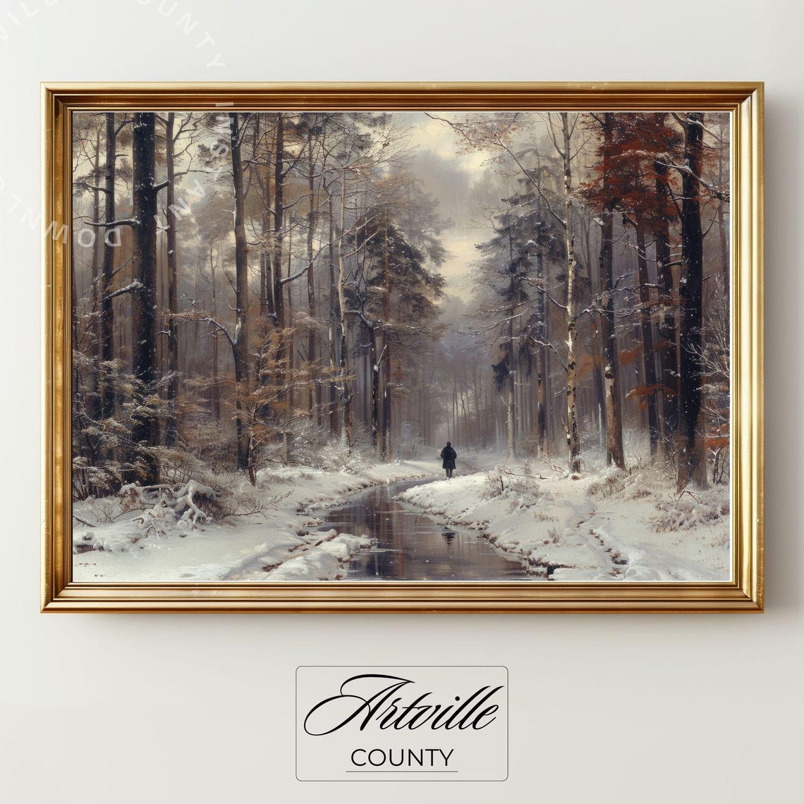 Snowy Winter Forest Path with Lone Walker Frozen Stream Poster - Image 2